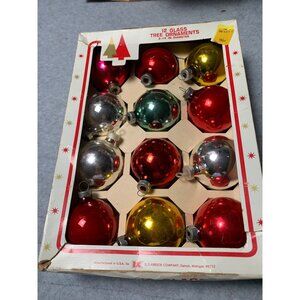 Vintage 12-Piece Glass Christmas Tree Ornaments Set - Red Green Silver Gold Roun